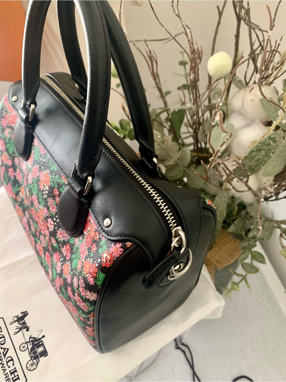 Coach Floral Mini Bennett Print Dome Satchel with Wristlet - Black & Pink - Picture 4 of 5